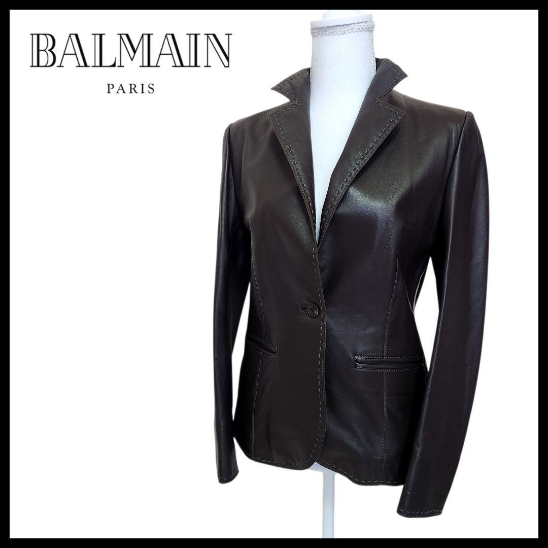 美品】BALMAIN バルマン 羊革 スタンドカラー レザージャケット 総柄