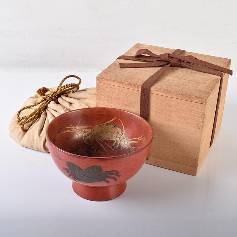 根来漆　金銀蒔絵　蟹文椀　時代箱付　M　R7922 鶴蒔絵朱平棗 呉藤元幸造 鵬雲斎好・書付 共箱・木製・黄裂付 胴径8.2