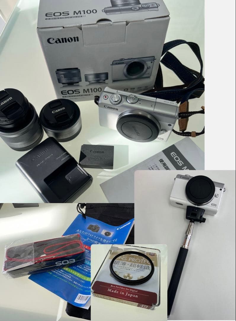 Canon EOS M100 ダブルレンズキット 美品 付属品多数 元箱あり キヤノン EOS M100 ダブルズームキット ホワイト | ミラーレス一眼