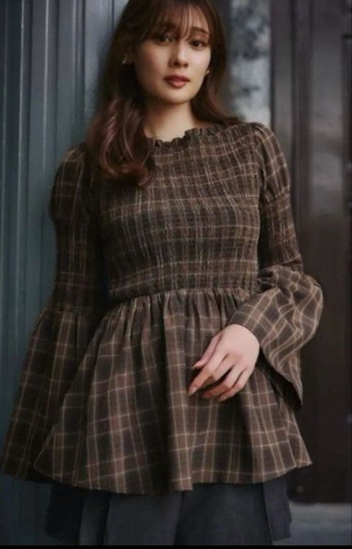 美品　Checked Flared Peplum Top ハーリップトゥー Vol.1 Check Tweed Peplum Top