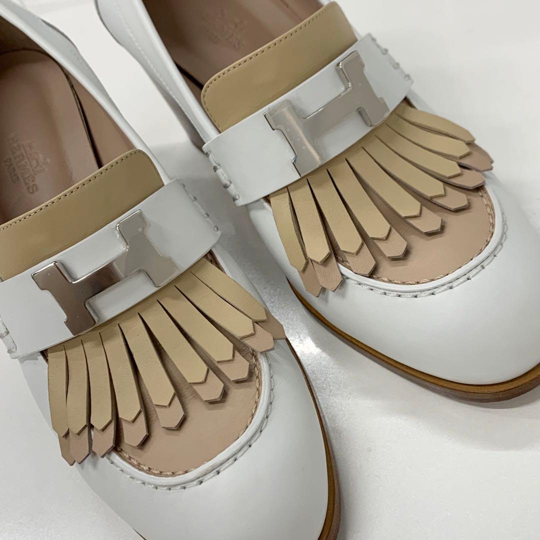 エルメス エリゼ レザー H金具 フリンジ パンプス ホワイト