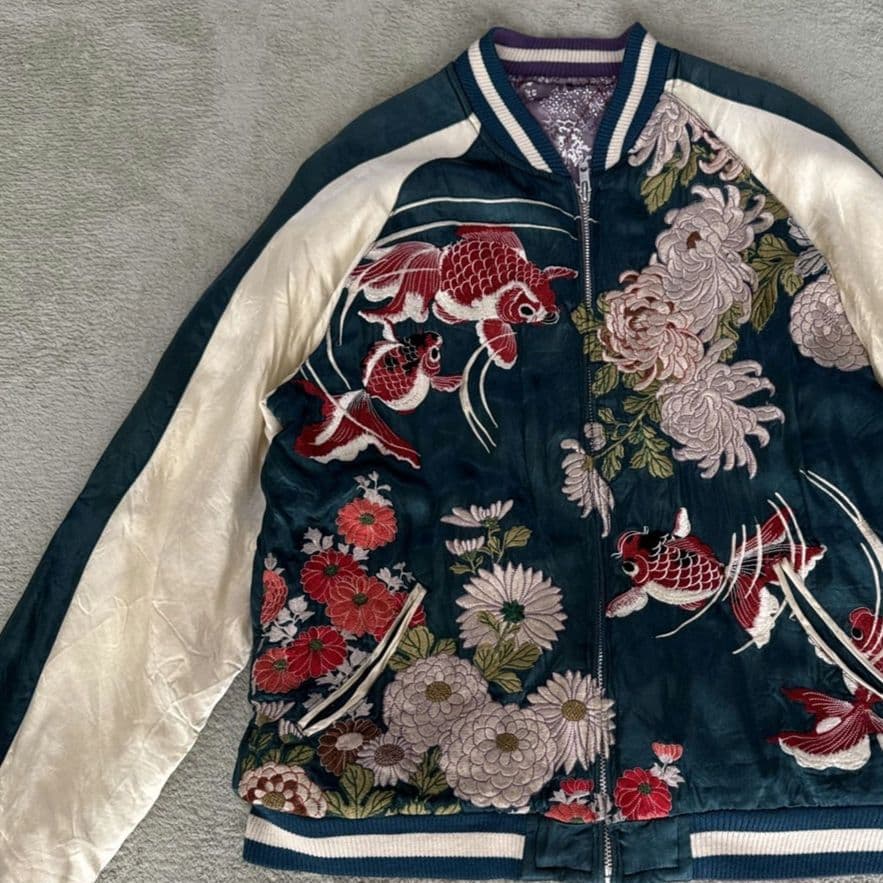 ✨希少✨ 花旅楽団 リバーシブル スカジャン 刺繍 ランチュウ 菊 渋谷龍太 に*郎様 美品、花旅楽団スカジャン、金魚らんちゅう菊、リバーシブル