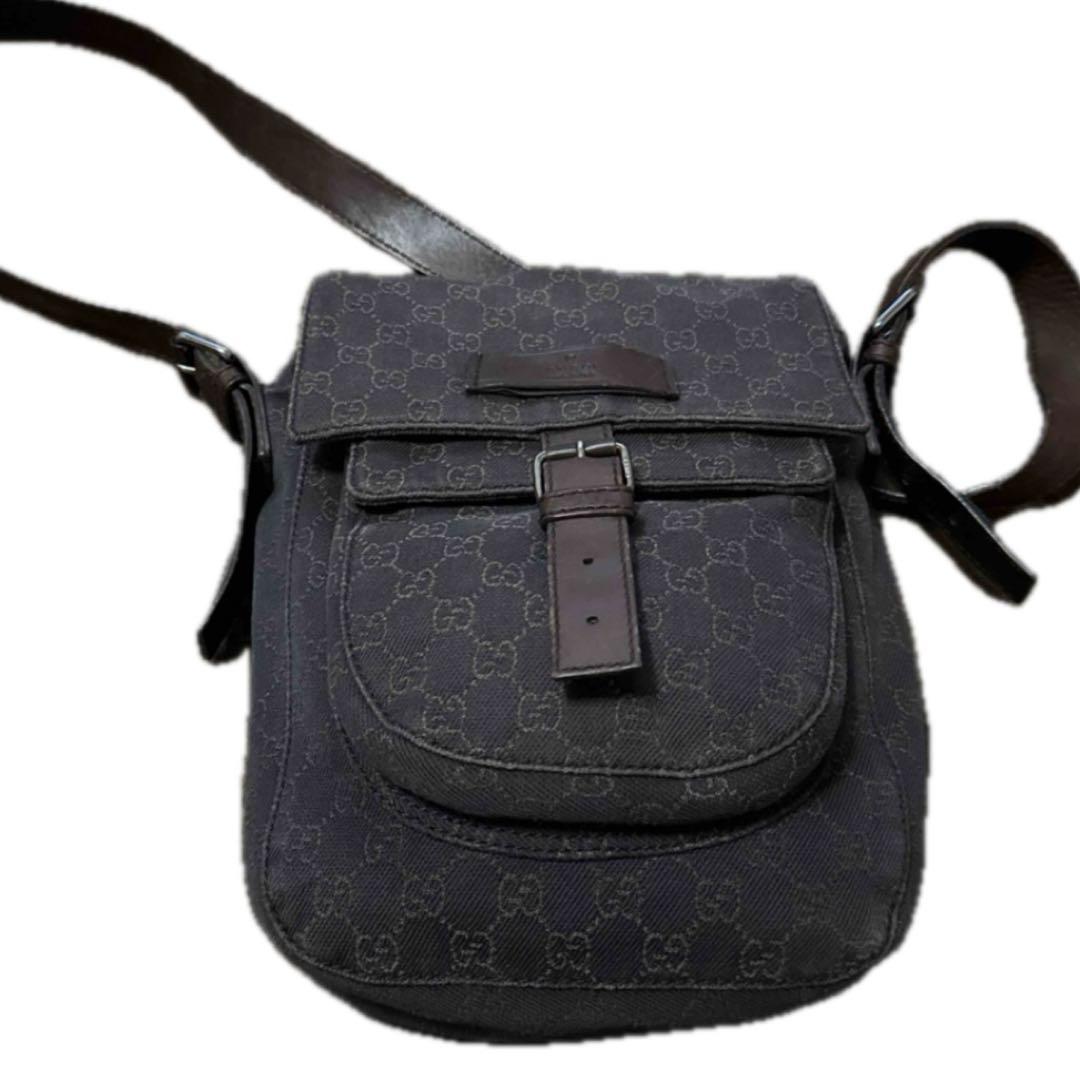 GUCCIGG柄 ロングショルダーバッグ 茶 ブラウン デニム×レザー グッチ GGキャンバスレザー ショルダーバッグ ブラウン 茶系 スタッズ