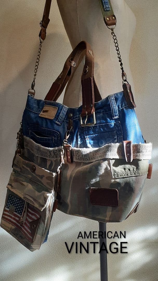 ミリタリーリメイク ★★★ AMERICAN VINTAGE トート& 腰袋付き Hexico / リメイクトートバッグ CUSTOM & GRAFFITI TOTE BAG Made with