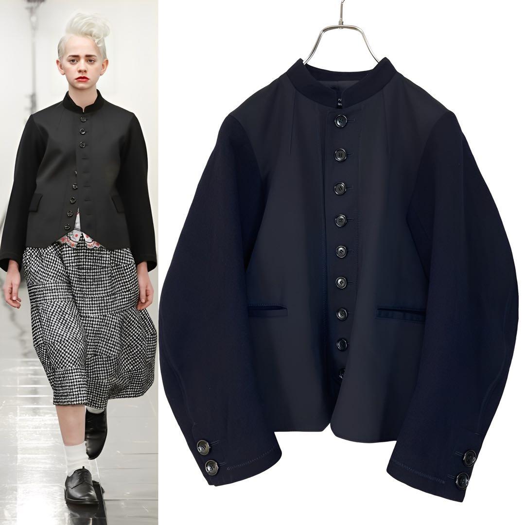 トリココムデギャルソン 18AW 連ボタン 異素材切替 スタンドカラージャケット コムデギャルソンCOMME des GARCONS 断ち切りデザイン2Bジャケット 黒S