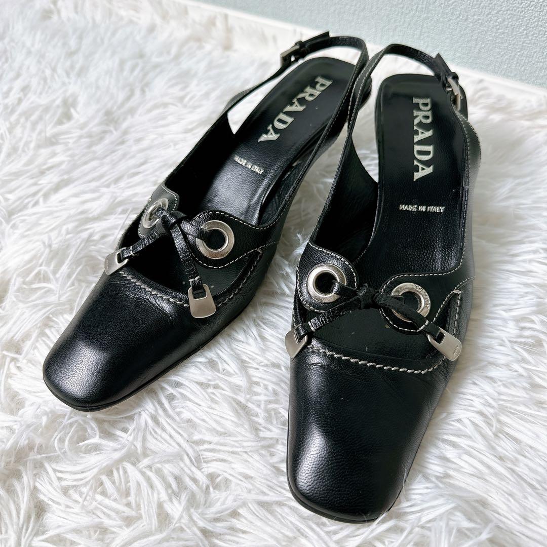 美品✨PRADA ミュール バックストラップ サンダル ヒール ロゴ 23.5 美品』PRADAレディースネイビー￼エナメルサンダル23.5 チャンキー