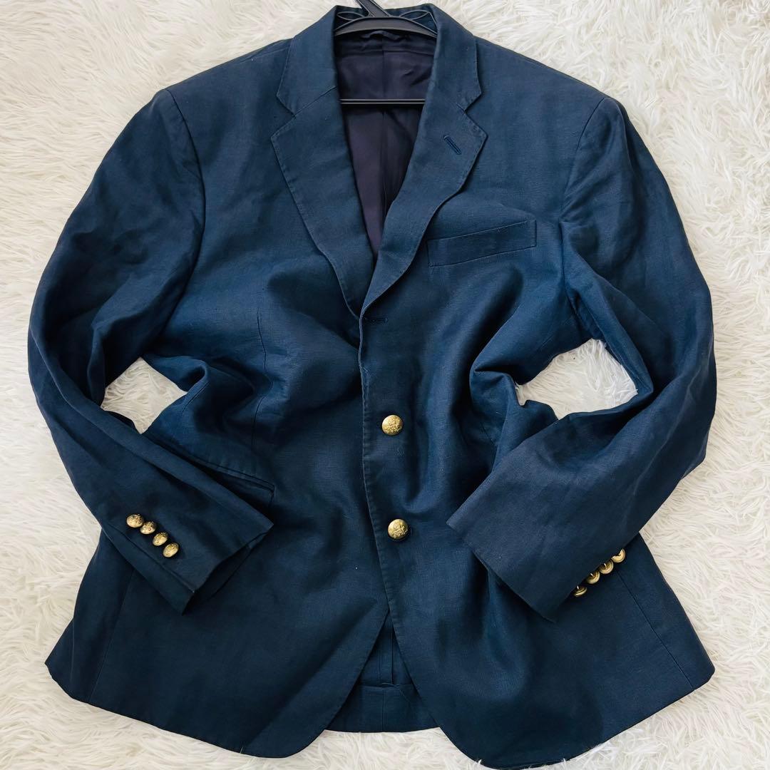 美品✨ポロバイラルフローレン リネン100%紺ブレM 金のロゴボタン