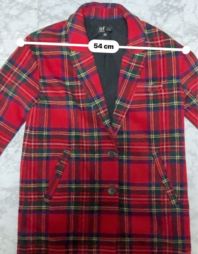 ZARA TRF タータンチェック柄 ロングコート チェスターコートS〜M赤