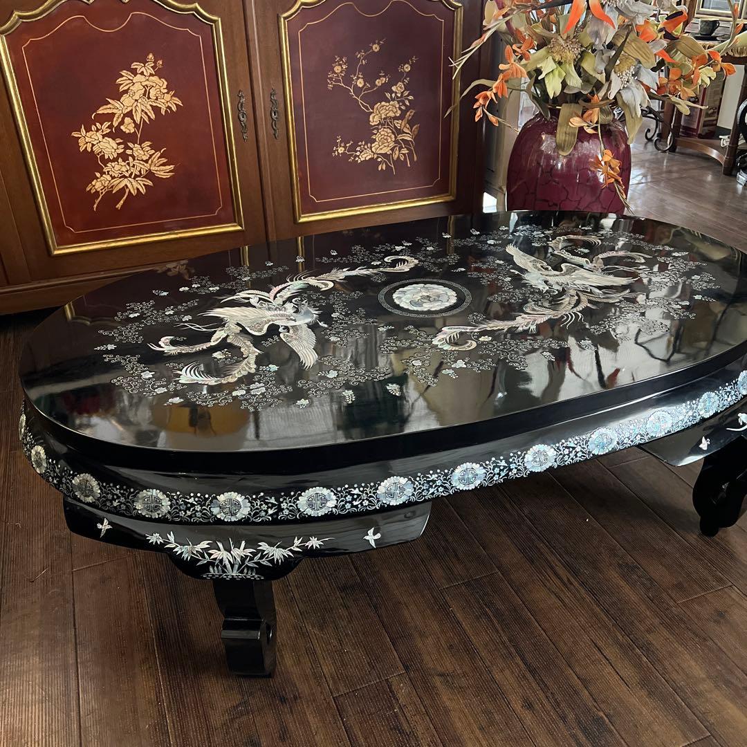 k616r107 韓国伝統工芸 螺鈿細工 貝殻細工 鳳凰 座卓 センターテーブル
