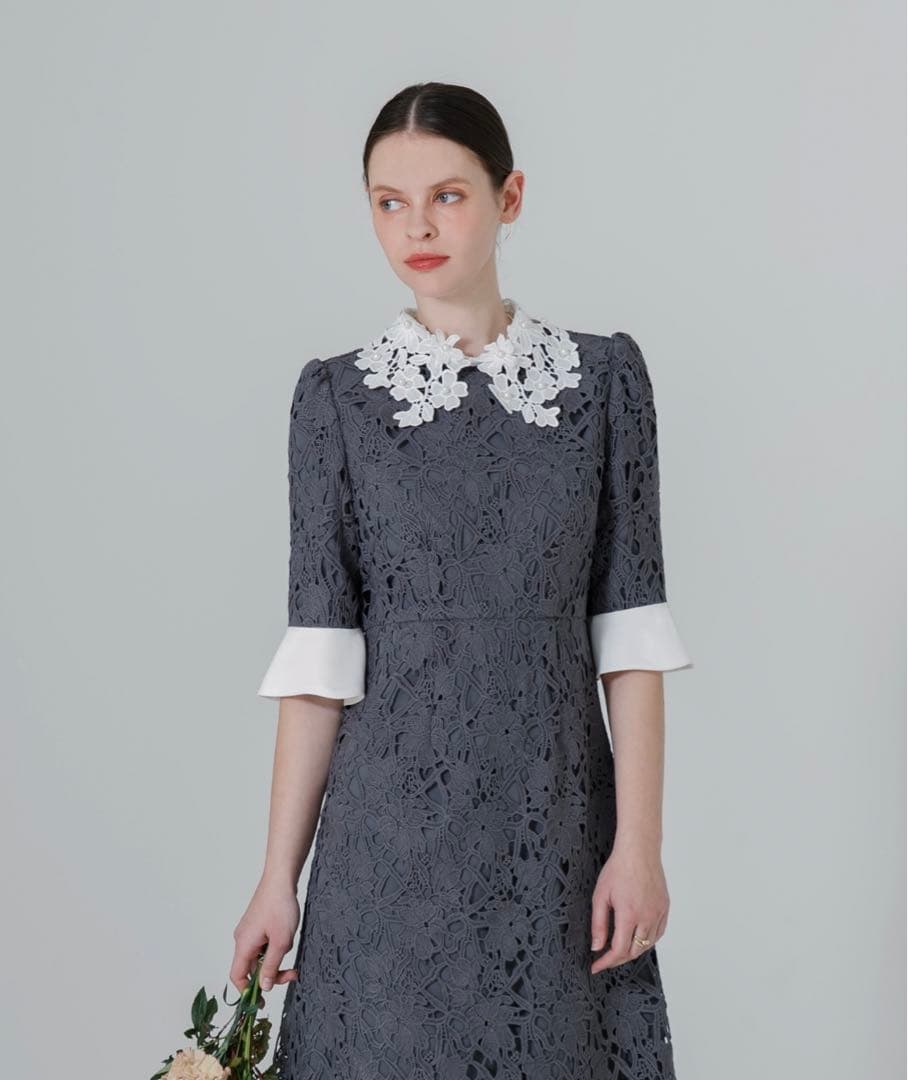 Leja 花柄レースカラー刺繍Aラインフレアドレスワンピース ふくれな