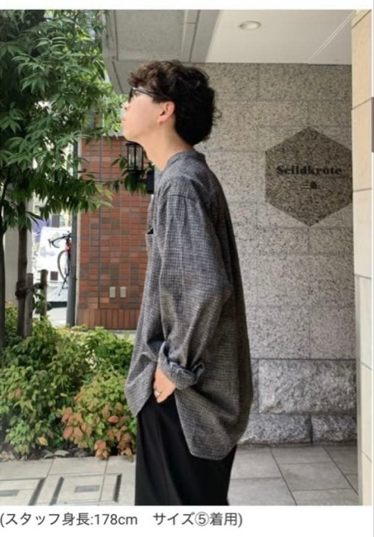 コットンリネン ネップチェック バンドカラーシャツ サイズ5