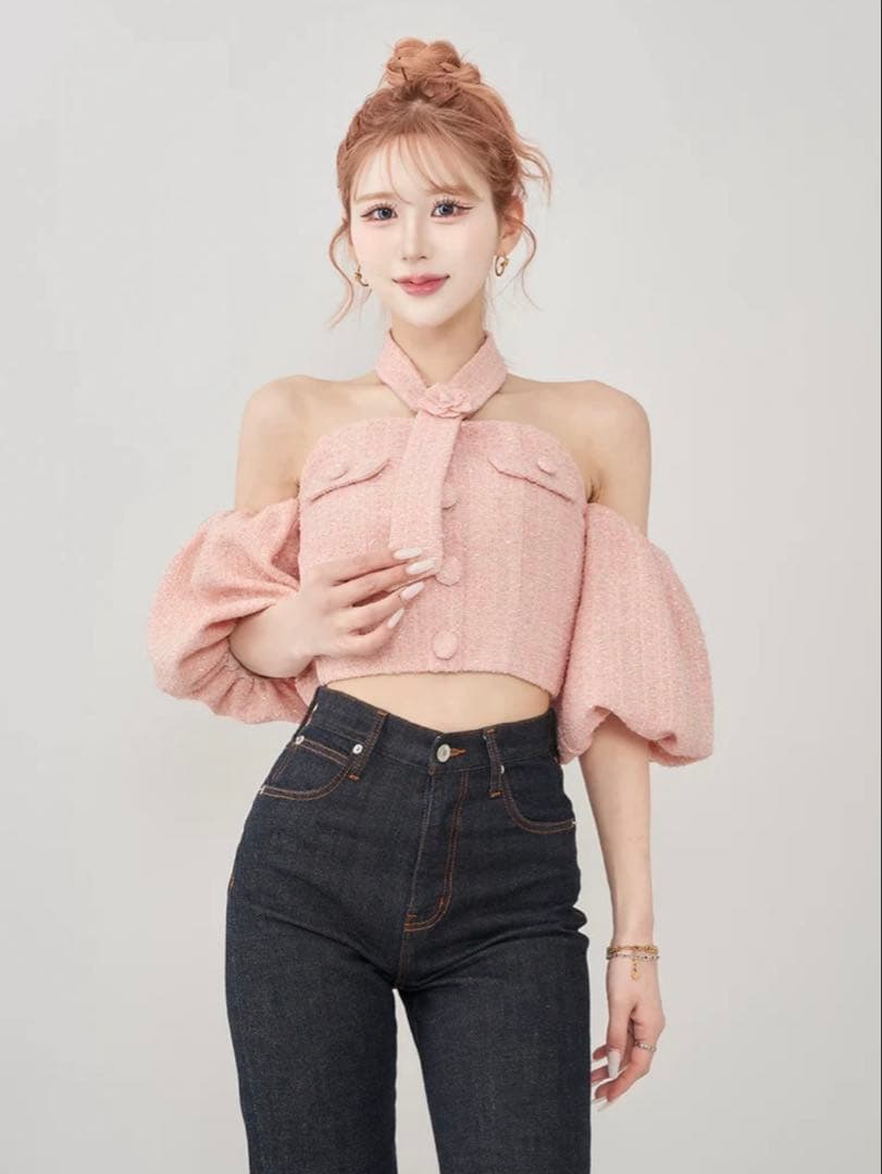 Darich ホルターネックオフショルツイードトップス　pink ホルターネックオフショルツイードトップス – Darich (ダーリッチ)