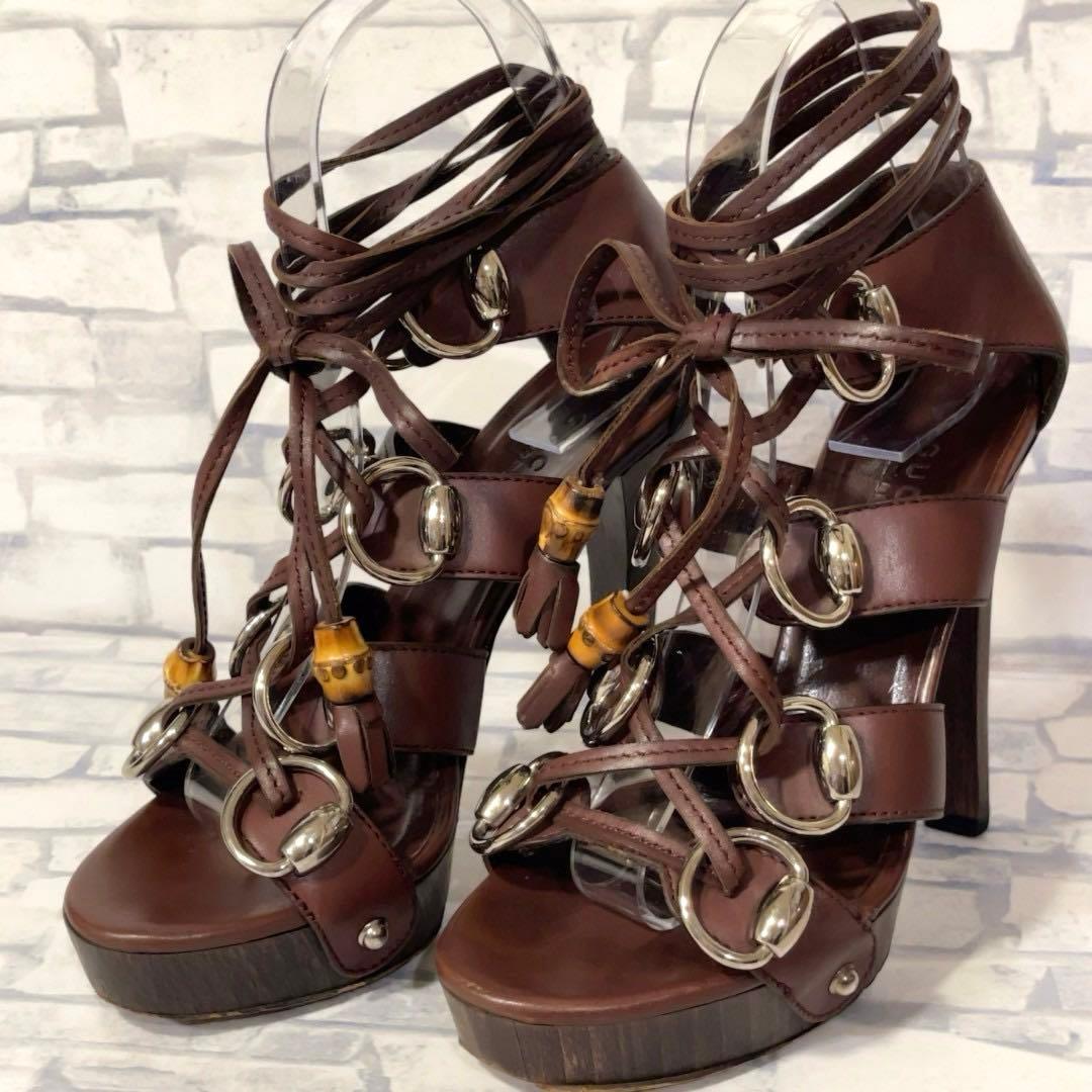 GUCCI グッチ レザー レースアップ バンブー ヒール サンダル ブラウン