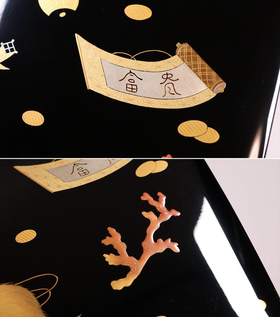MA941】輪島塗 宝尽くし蒔絵 二段重 木製漆器 漆芸 重箱 金蒔絵 黒 朱
