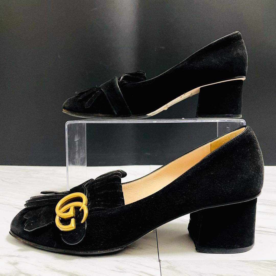 GUCCI GGマーモント フリンジ パンプス スエード 黒 25.5cm