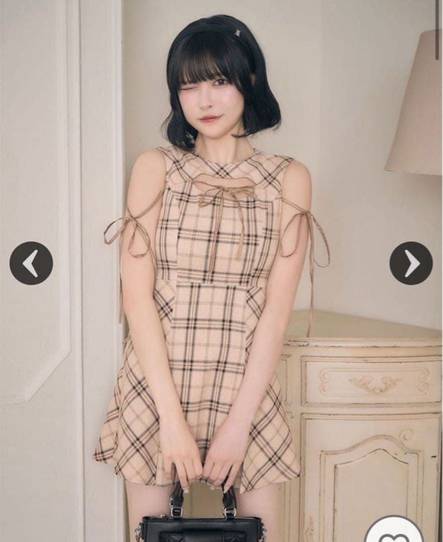 フロントオープンチェックミニワンピ・ベージュ♡ミシェルマカロン