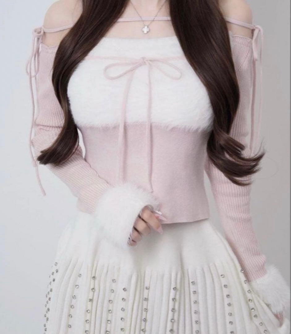 Ribbon bust fluffy tops ルミニョン ニット ピンク Ribbon bust fluffy tops ルミニョン ニット ピンク lumignon Ribbon