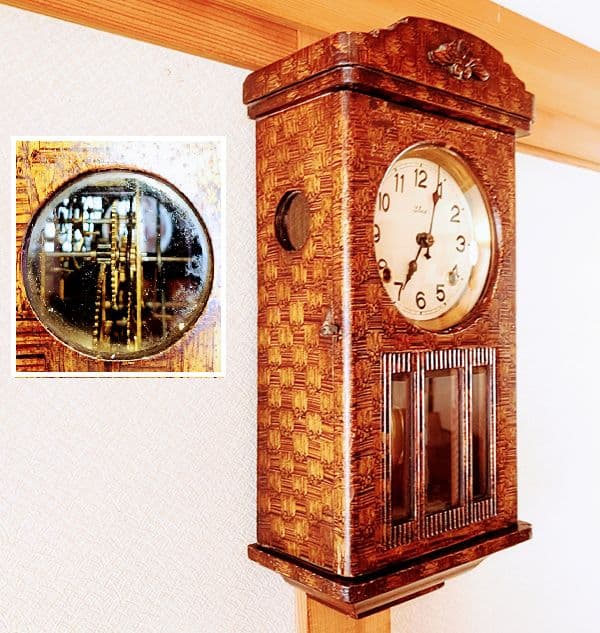 完動・美品〉S.MIZU 特殊技法刷毛目塗 宮型ゼンマイ振り子時計 古時計