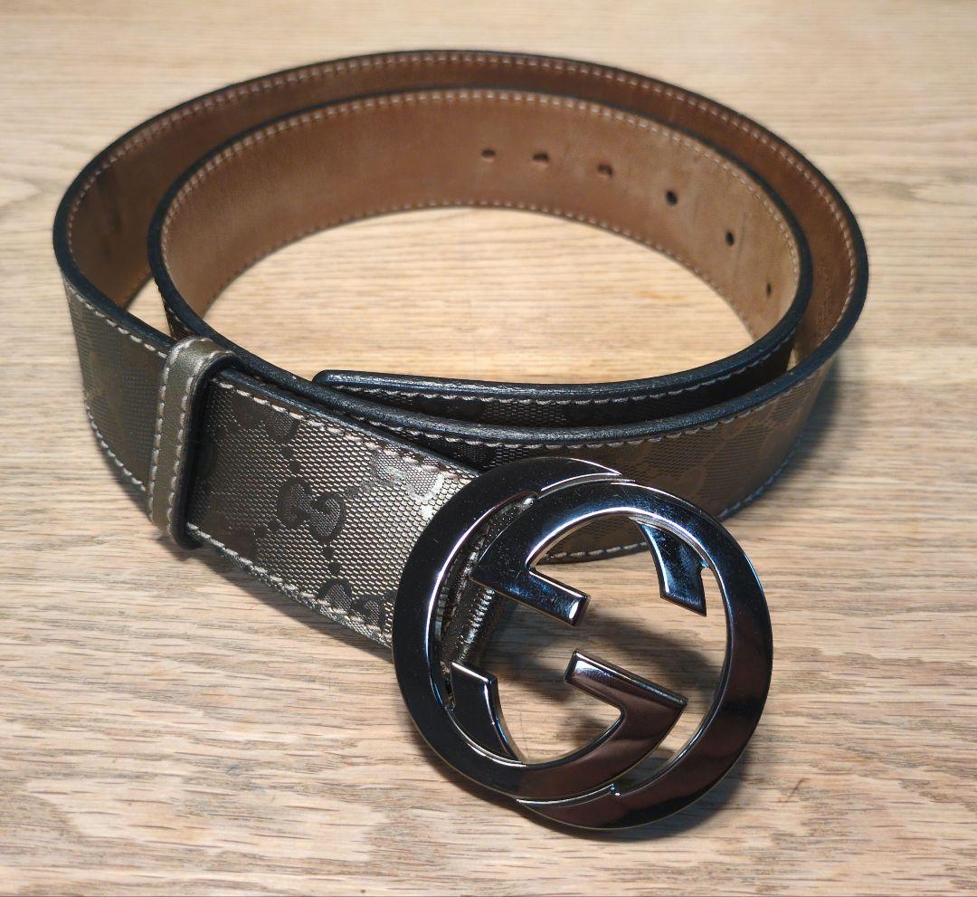 GUCCI ブラウンレザーベルト GGパターン 中古・古着通販】GUCCI (グッチ) GGスプリームバックル スクエアレザー
