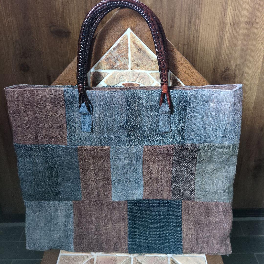 美津子藍染と柿渋染の麻布パッチワークのバッグ 楽天市場】【古布手提げバッグ】作家一点物 軽量 襤褸 BOROパッチ