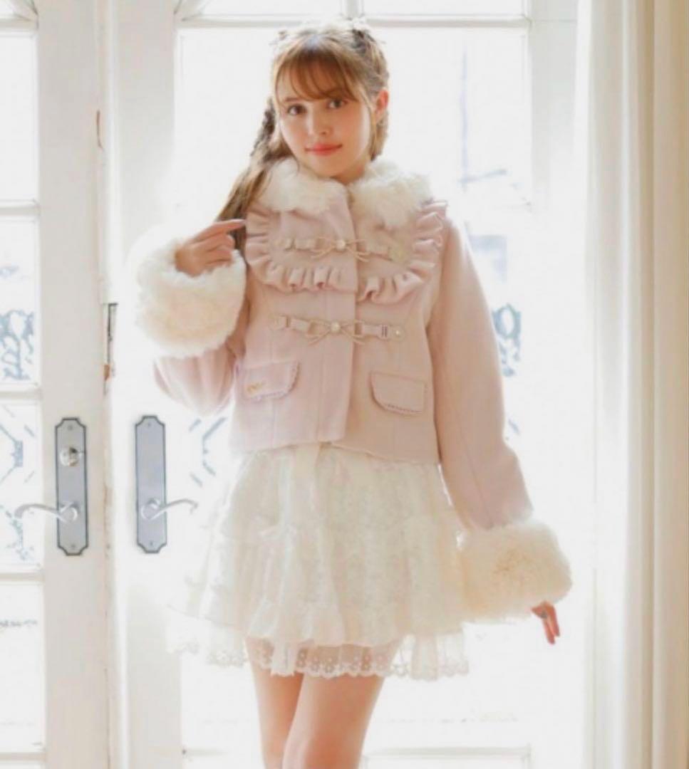 未使用級 LIZLISA ビジューリボンショートフードコートピンク