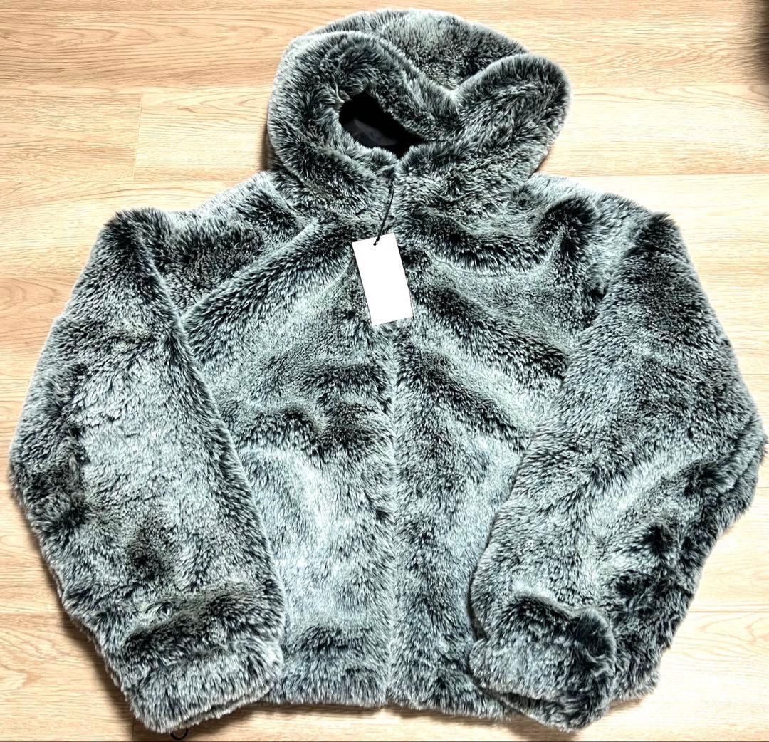ZARA フェイクファー フーディジャケット グレーグリーン XLサイズ