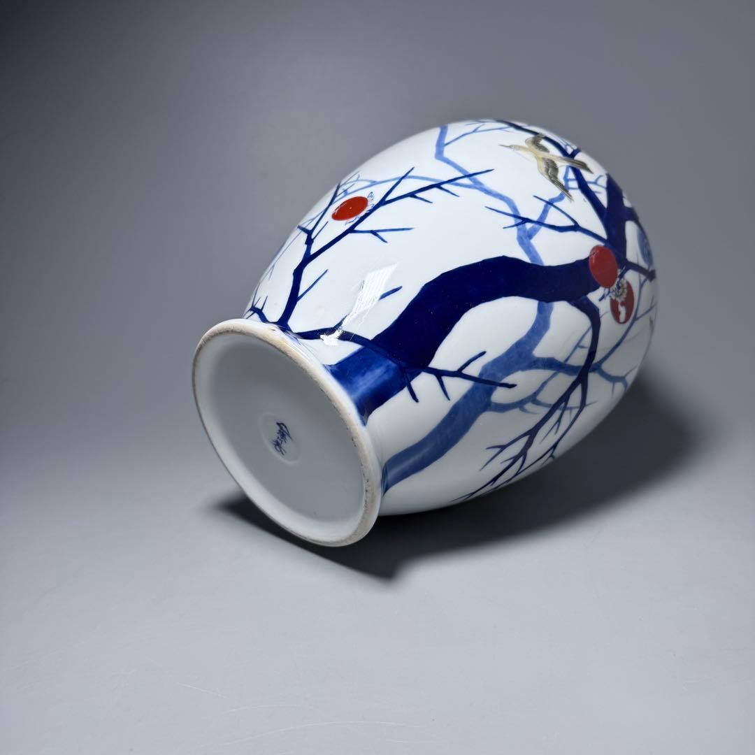 オールド深川製磁 錦手 柿鳥図花瓶 高さ24cm オブジェ インテリア