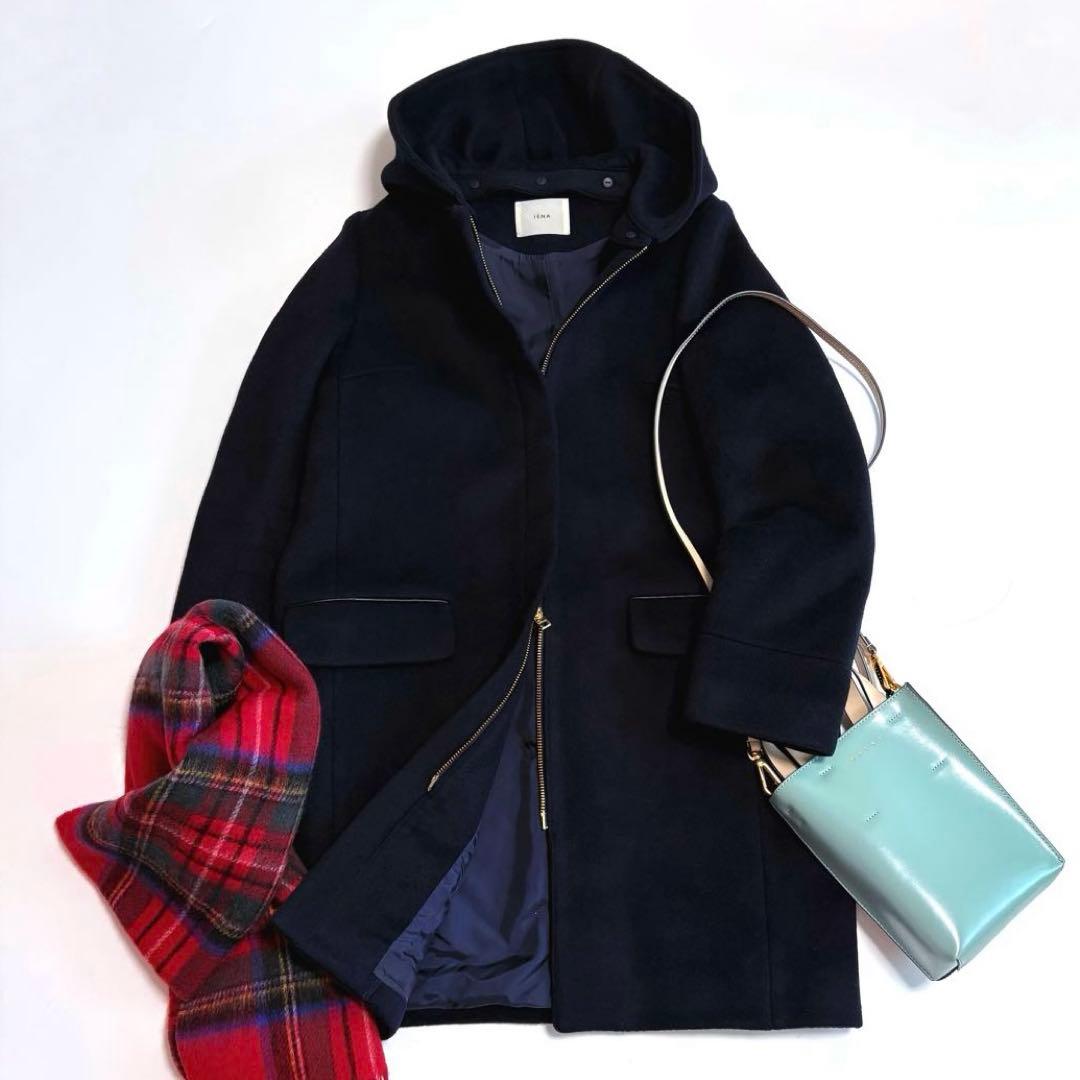 人気☆定価4.7万 IENA二重織りシャルムフードコクーンコート ネイビー