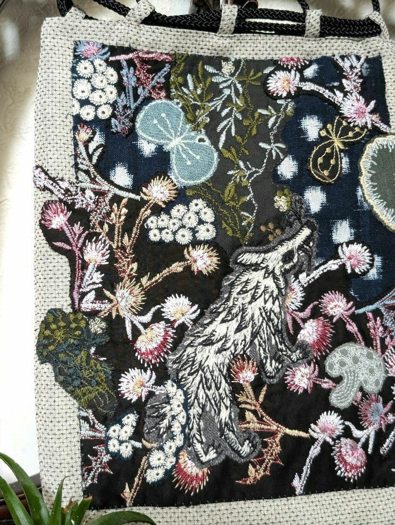 信玄袋「ガレ調」《藍染とWlof&Flower 》古布　ミナペルホネン　PJC