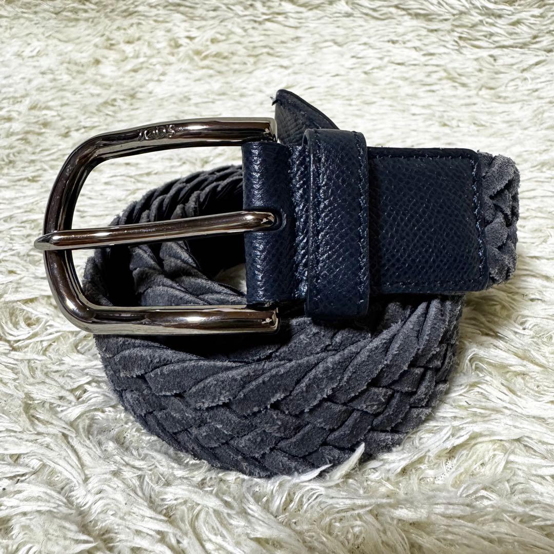 トッズ　ベルト　編み込み　切替　レザー　　本革　スエード　ネイビー　ビジネス トッズ ベルト 編み込み 切替 レザー 本革 スエード ネイビー ビジネス