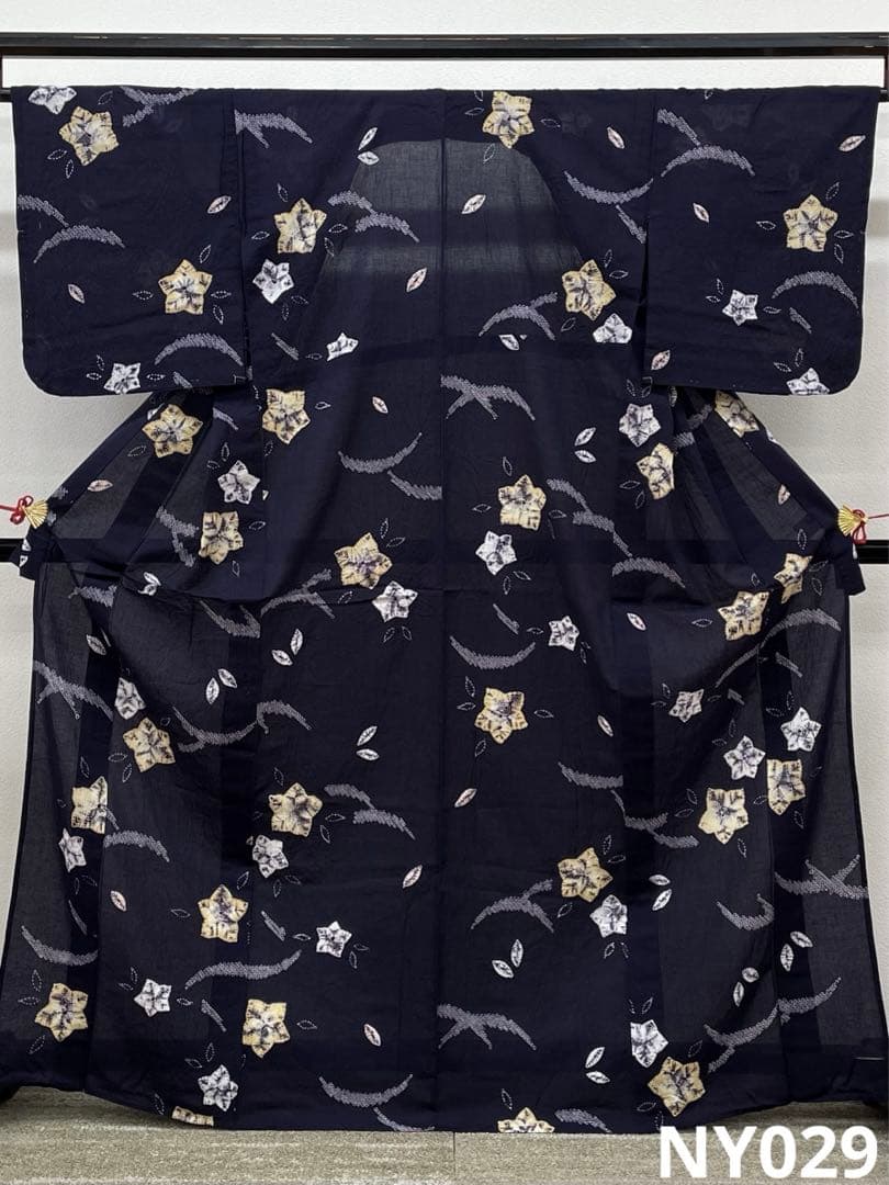 有松絞り 浴衣 夏物 桔梗文様 紺色系 綿100％ 躾糸付き NY029 utatane 浴衣 有松絞り浴衣3点セット 藍色にアイビー レディース
