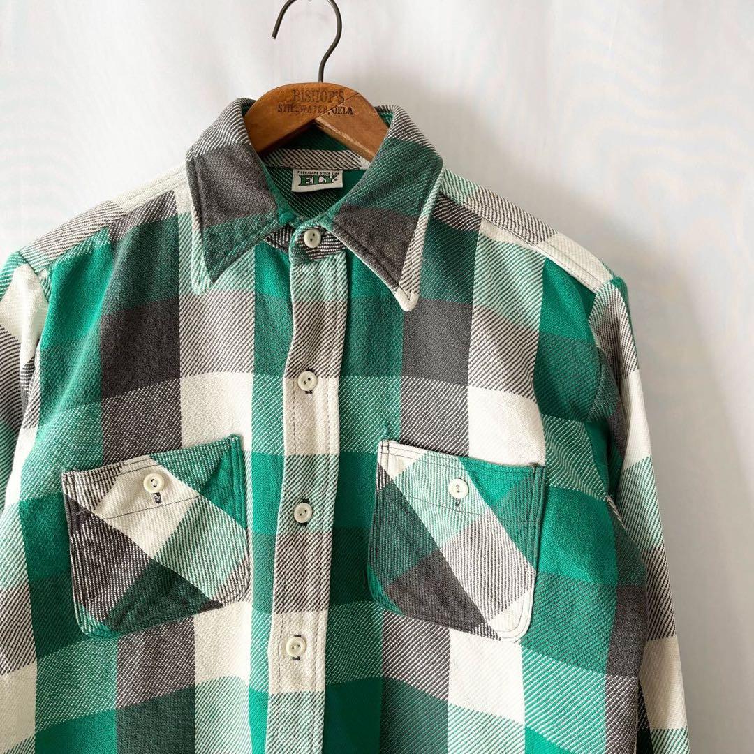 70s ELY チェック ネルシャツ M グリーン ブラック ビンテージ