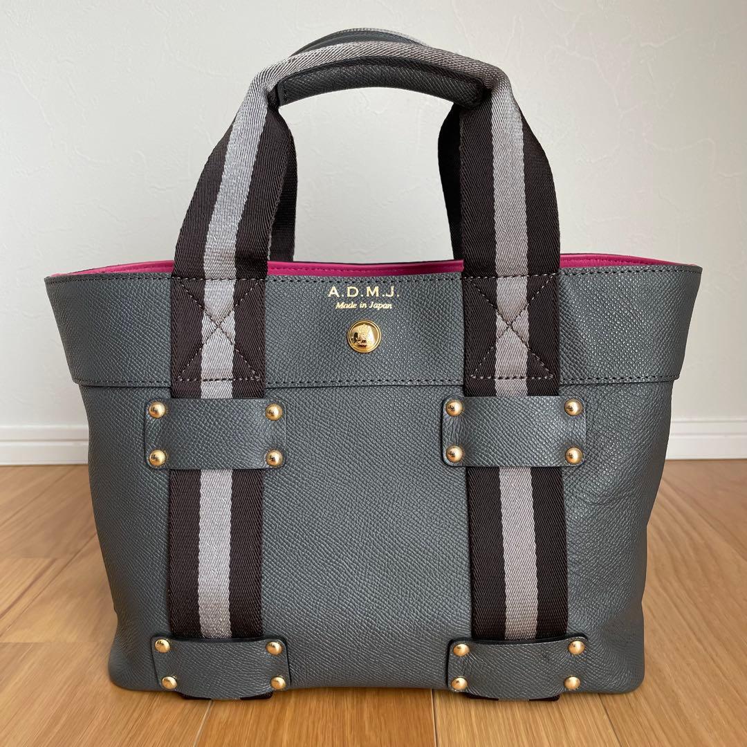 美品ADMJ ハンドバッグ レザー キャンバス　グレー　ストライプ 美品 A.D.M.J トートバッグ ハンドバッグ レザー グレー ロゴ 自立