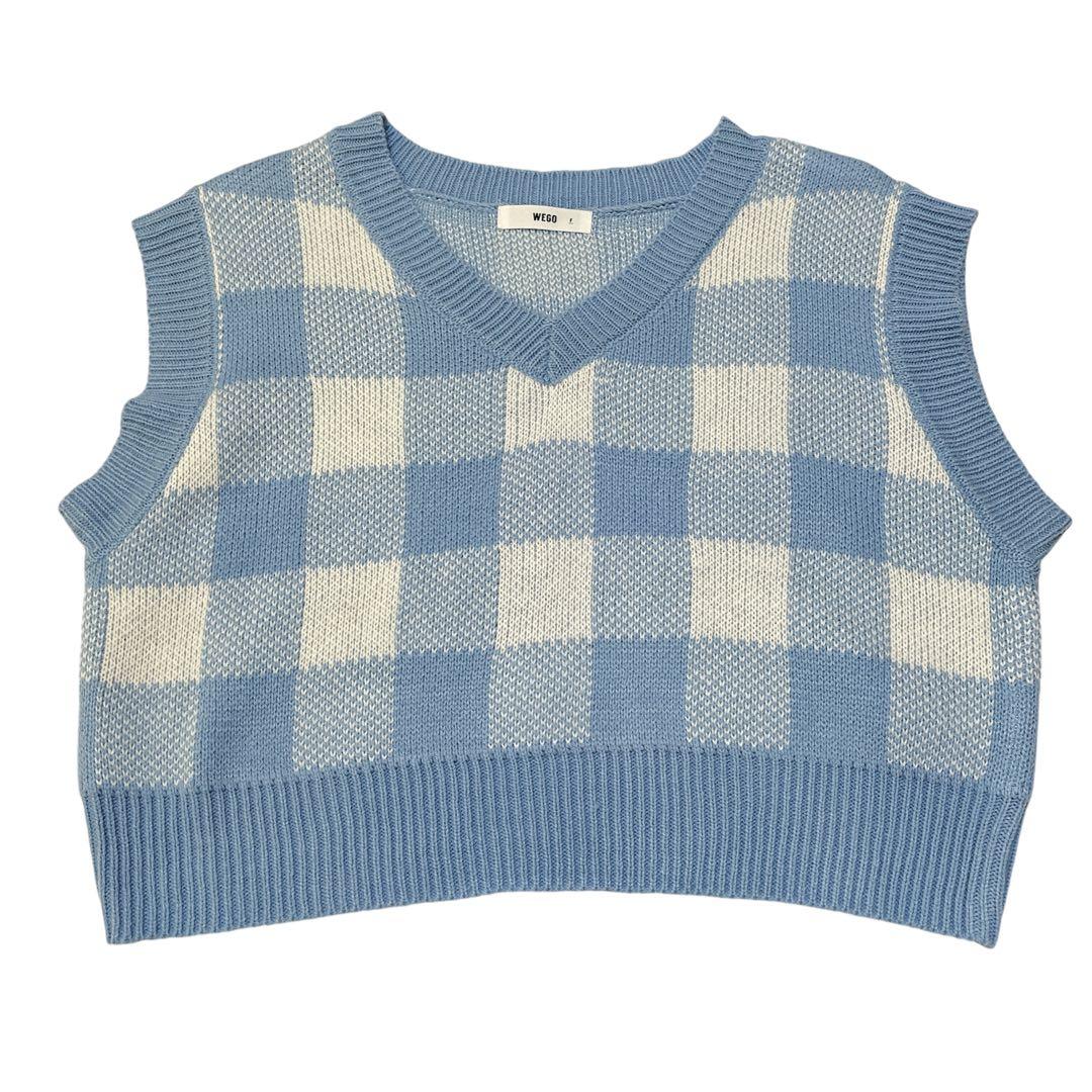 水色と白のチェック柄 ニットベスト Vネック ノースリーブ - メルカリ