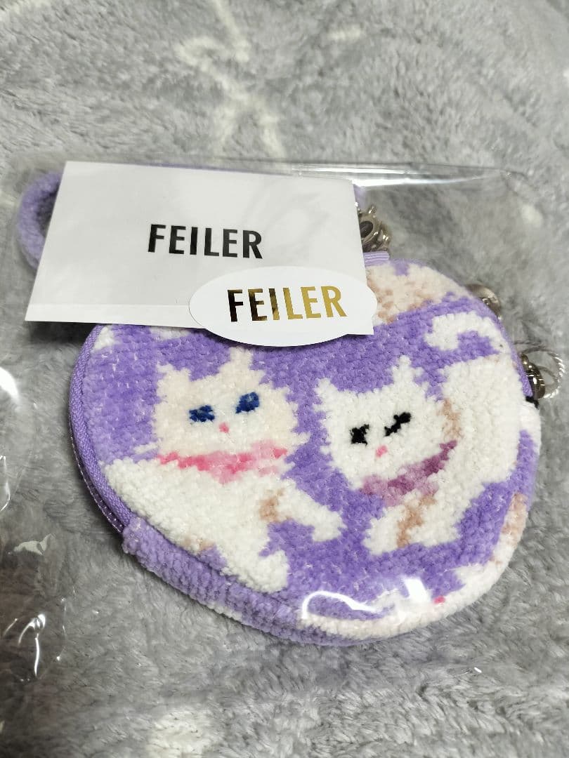 新品タグ付き フェイラー モフモフネコチャン ハート型ポーチ ペール