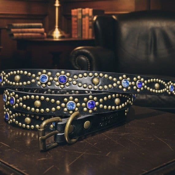 クロス青□本革レザーフルスタッズナローベルト☆アメカジヴィンテージ