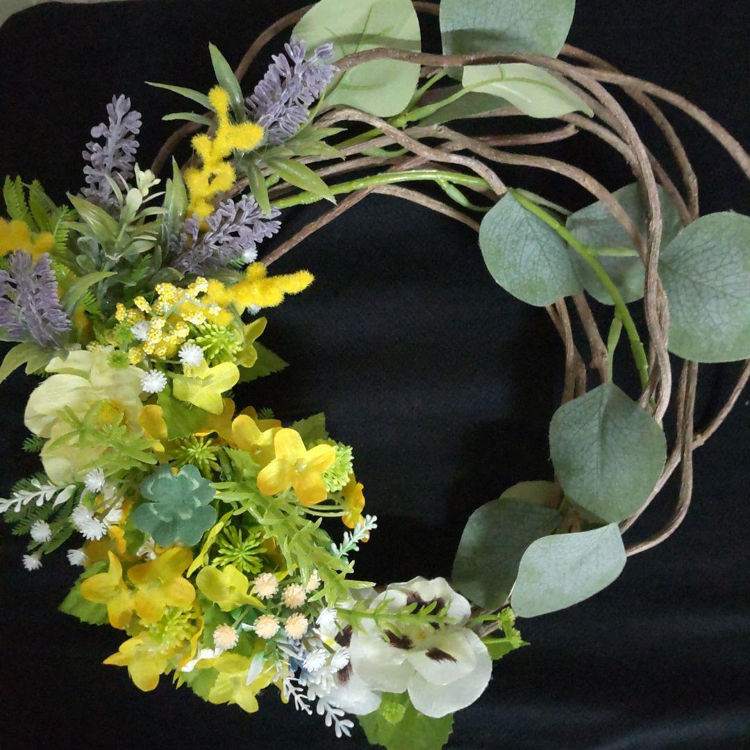 30cm】春の訪れ①フラワーリース イエロー系ミモザ菜の花玄関リース