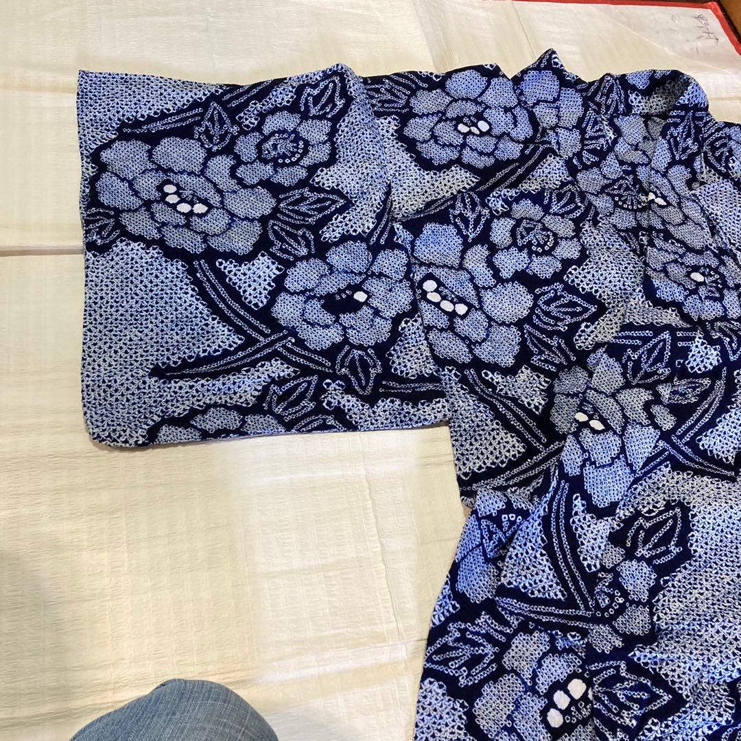 浴衣 総絞り 紺色 身丈143cm 水色 マルーン系