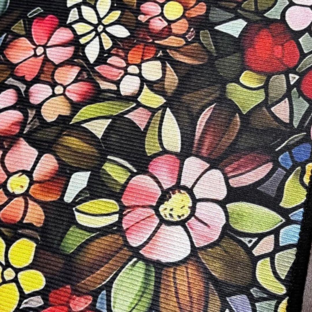 玄関マット 半円40×60cm ステンドグラス風フラワー柄 洗えるプリント