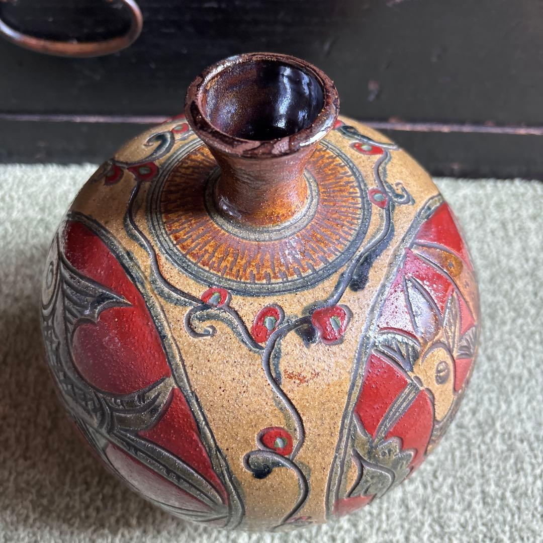 沖縄 やちむん 新垣勲 壺屋焼 飾り壺 鳥 魚 赤絵 陶器製 土もの