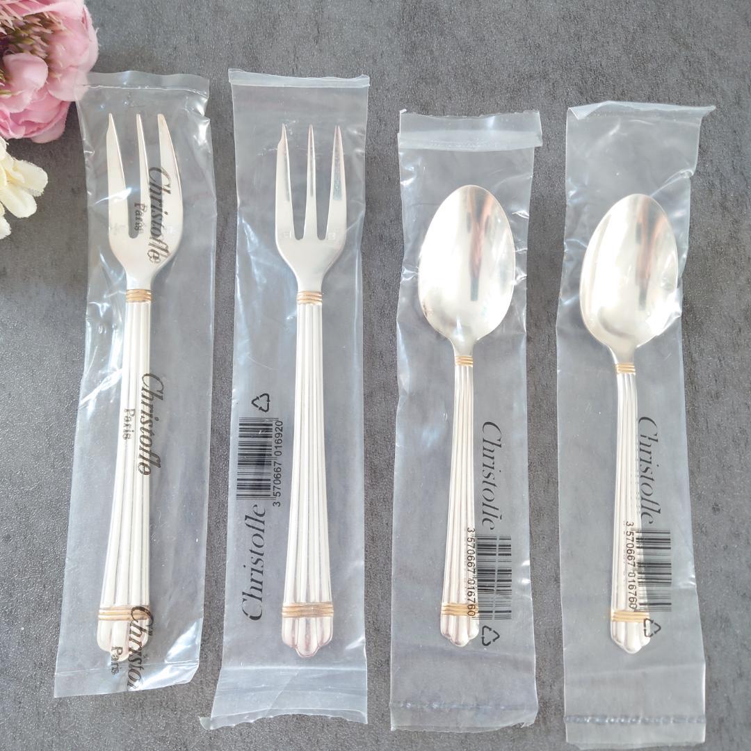クリストフル アリアゴールドリング ケーキフォークコーヒースプーン 未開封 4点 クリストフル スプーン ○ アリアゴールドリング コーヒー スプーン