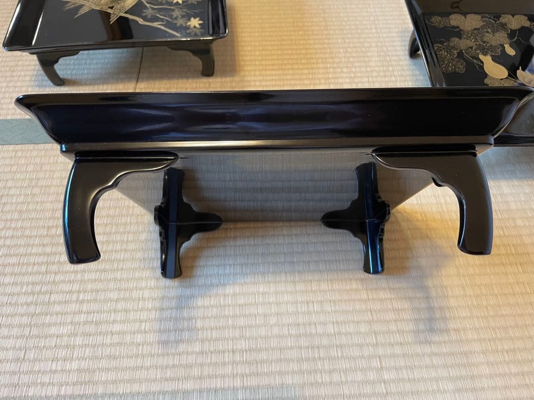 5点セット 脚付膳 お膳台 漆塗り 金 蒔絵 鳥 鷹 鶯 花 紅葉 もみじ