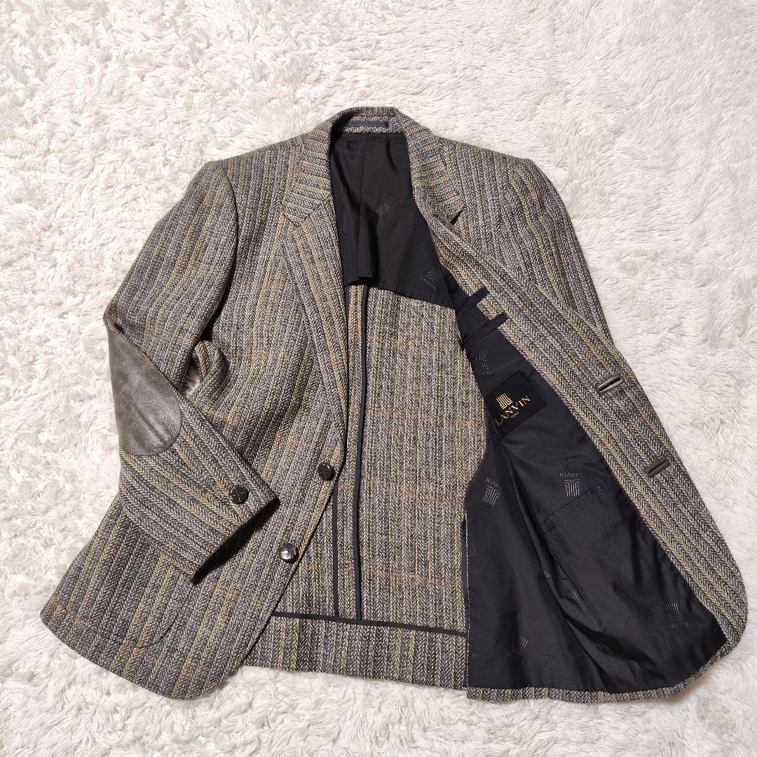 LANVIN ウールツイード テーラードジャケット エルボーパッチ 羊革