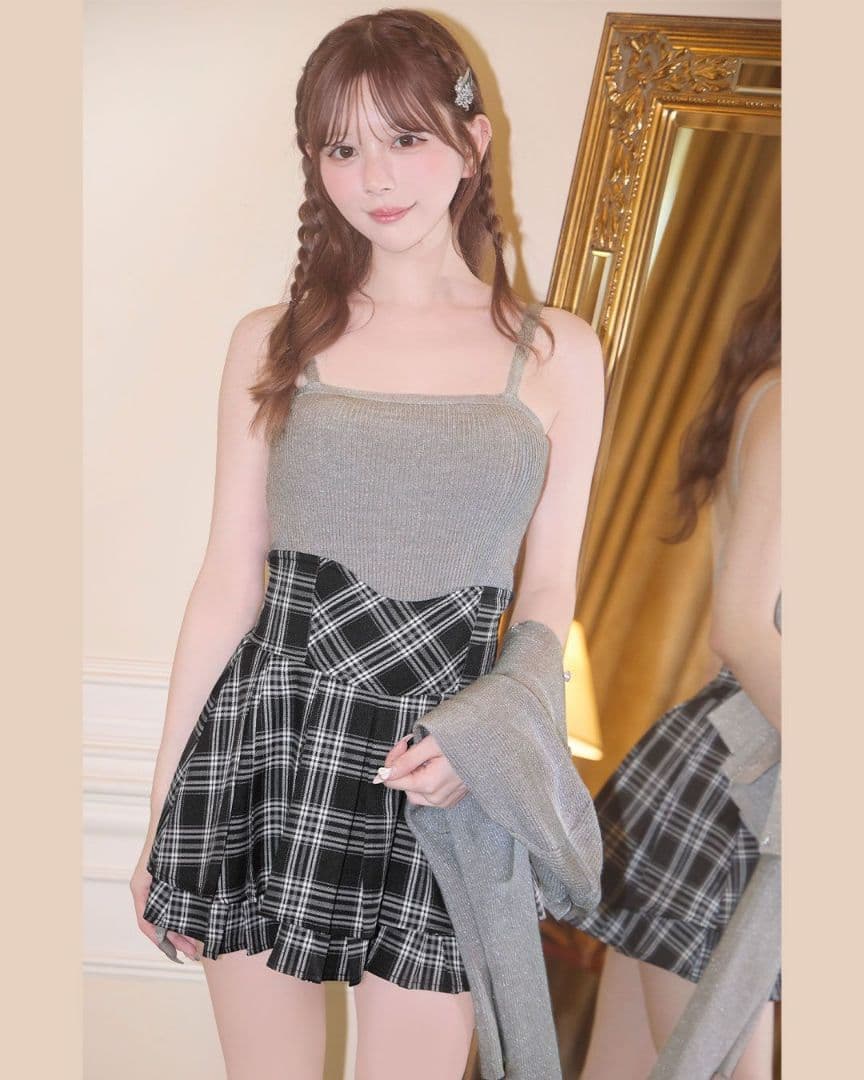 ミシェルマカロン チェック柄プリーツ美脚スカート Sサイズ ブラック