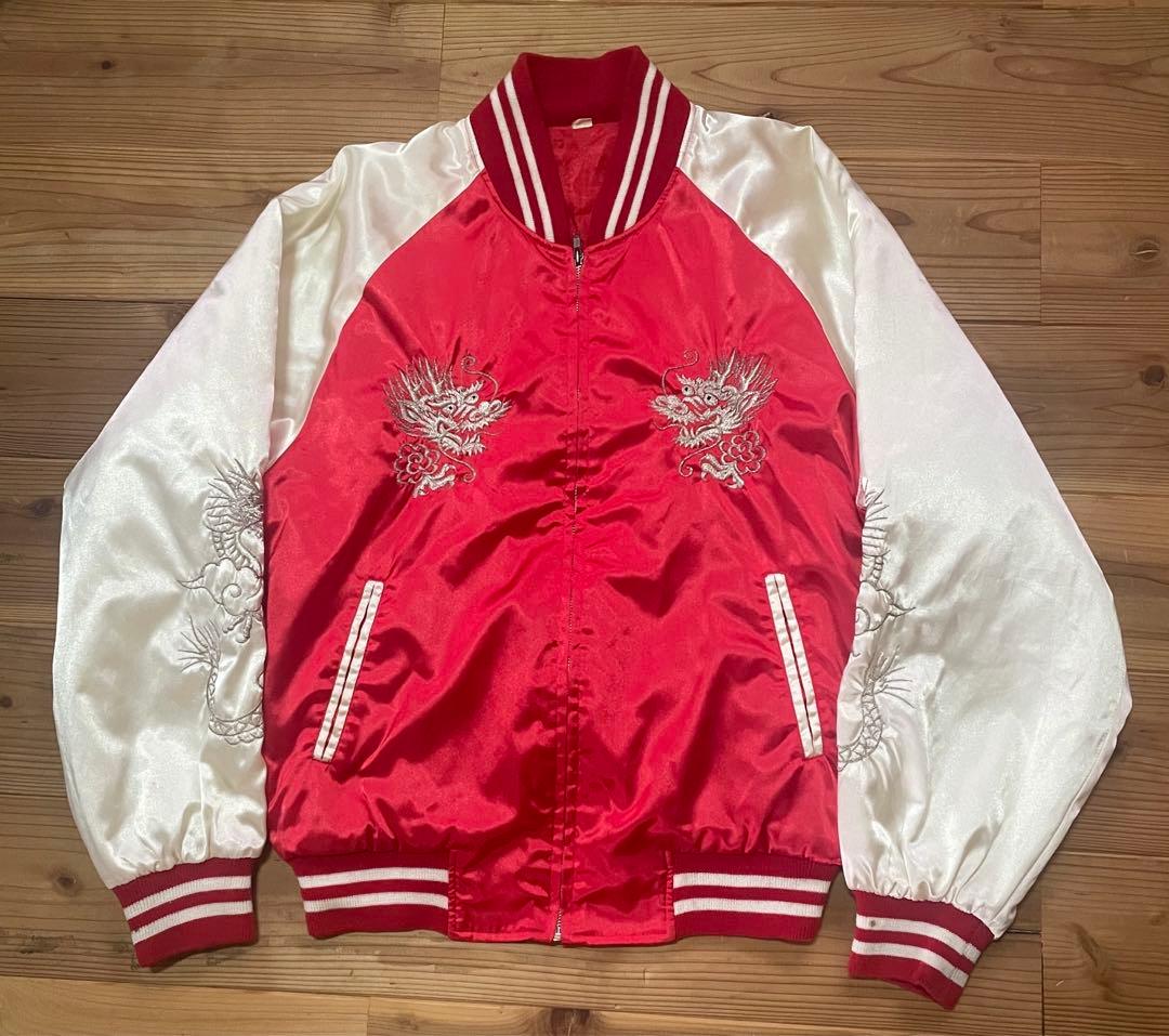 80s ドラゴン刺繍 スカジャン 赤白 - メルカリ
