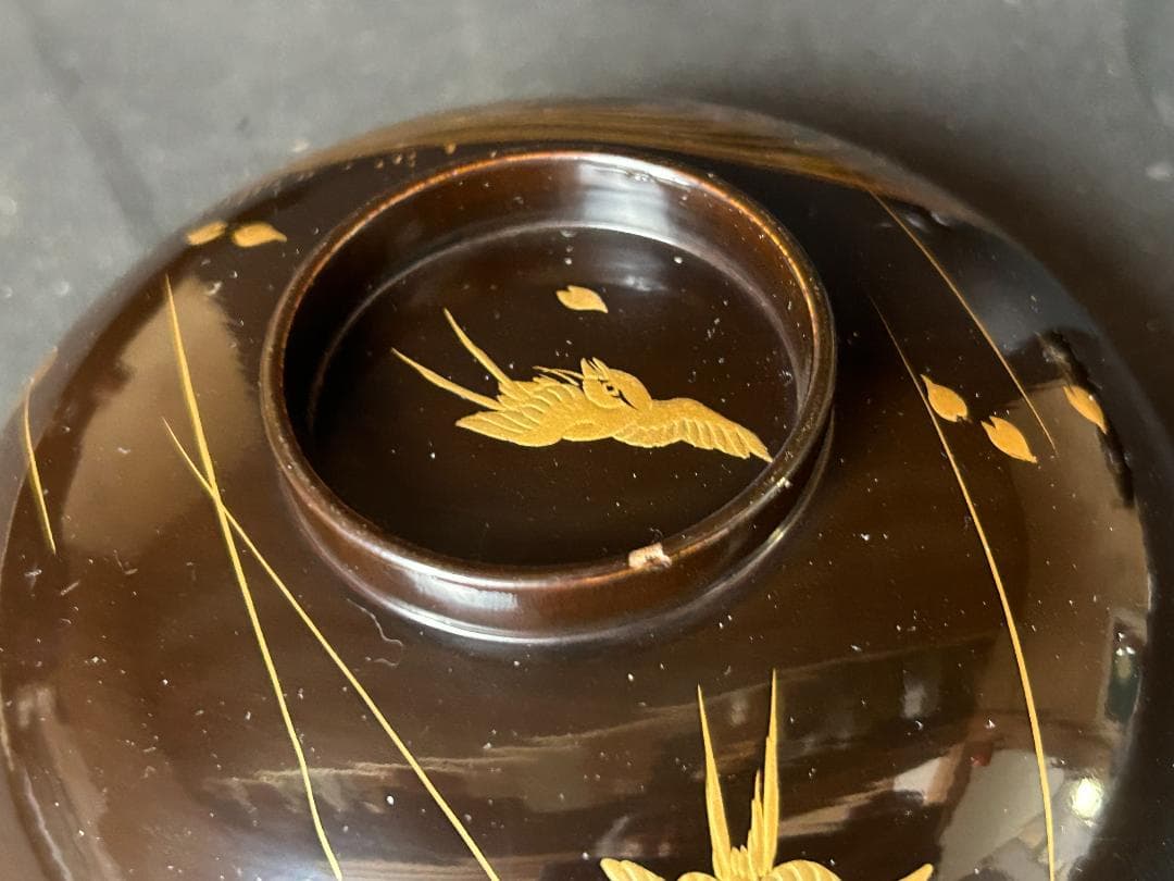 時代 輪島塗 本金蒔絵 絵替り 黒塗 天然木 吸物椀 9客 茶懐石道具980