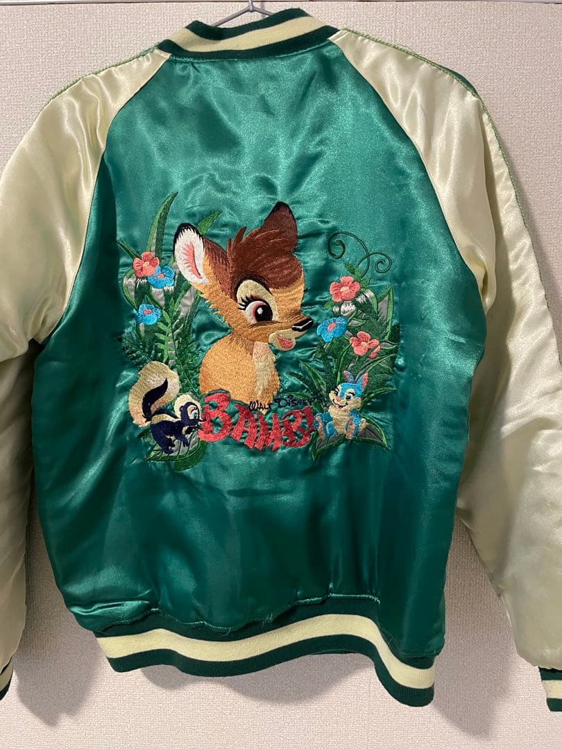 【ディズニー年代物】バンビ刺繍スカジャン　グリーン ディズニー バンビ 刺繍 スカジャン リバーシブル 黄 茶 サテン M
