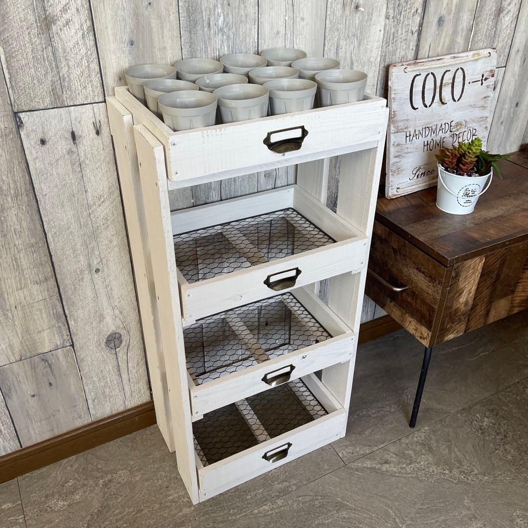 ホワイト　4段　引き出し　ウッドシェルフ　ハンドメイド　家具 4色から選べる 木製 オープンラック 4段 幅60cm 棚 ウッド 白 ホワイト