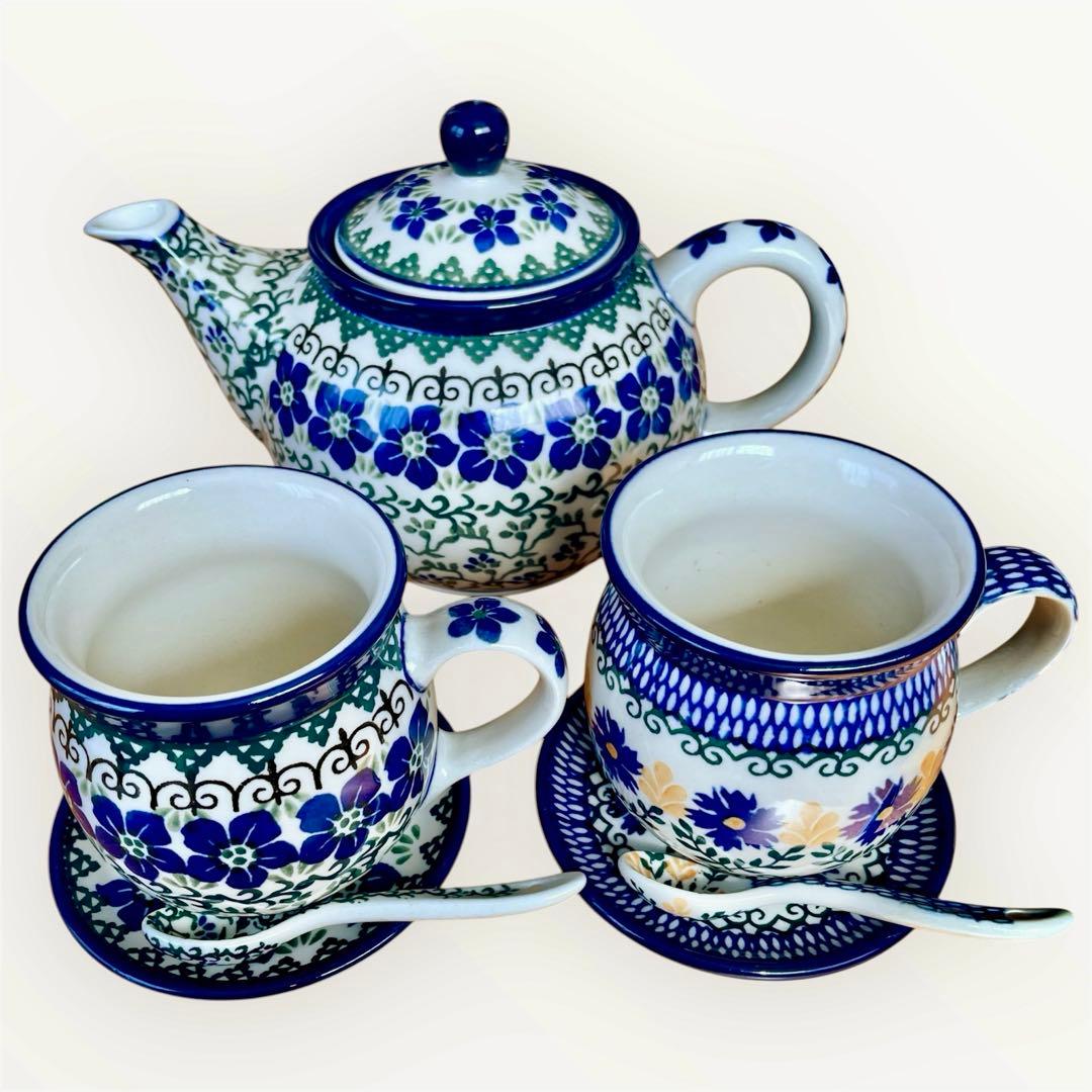 ポーランド食器ポーリッシュポタリー ティーポット カップ・ソーサ・スプーンset カップ＆ソーサー・ポーリッシュポタリー(ポーランド食器)