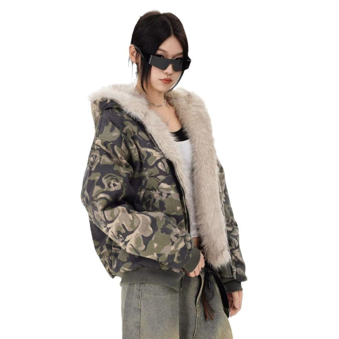 882 L迷彩ファーダウンY2K迷彩ジャケットレディースメンズミリタリー